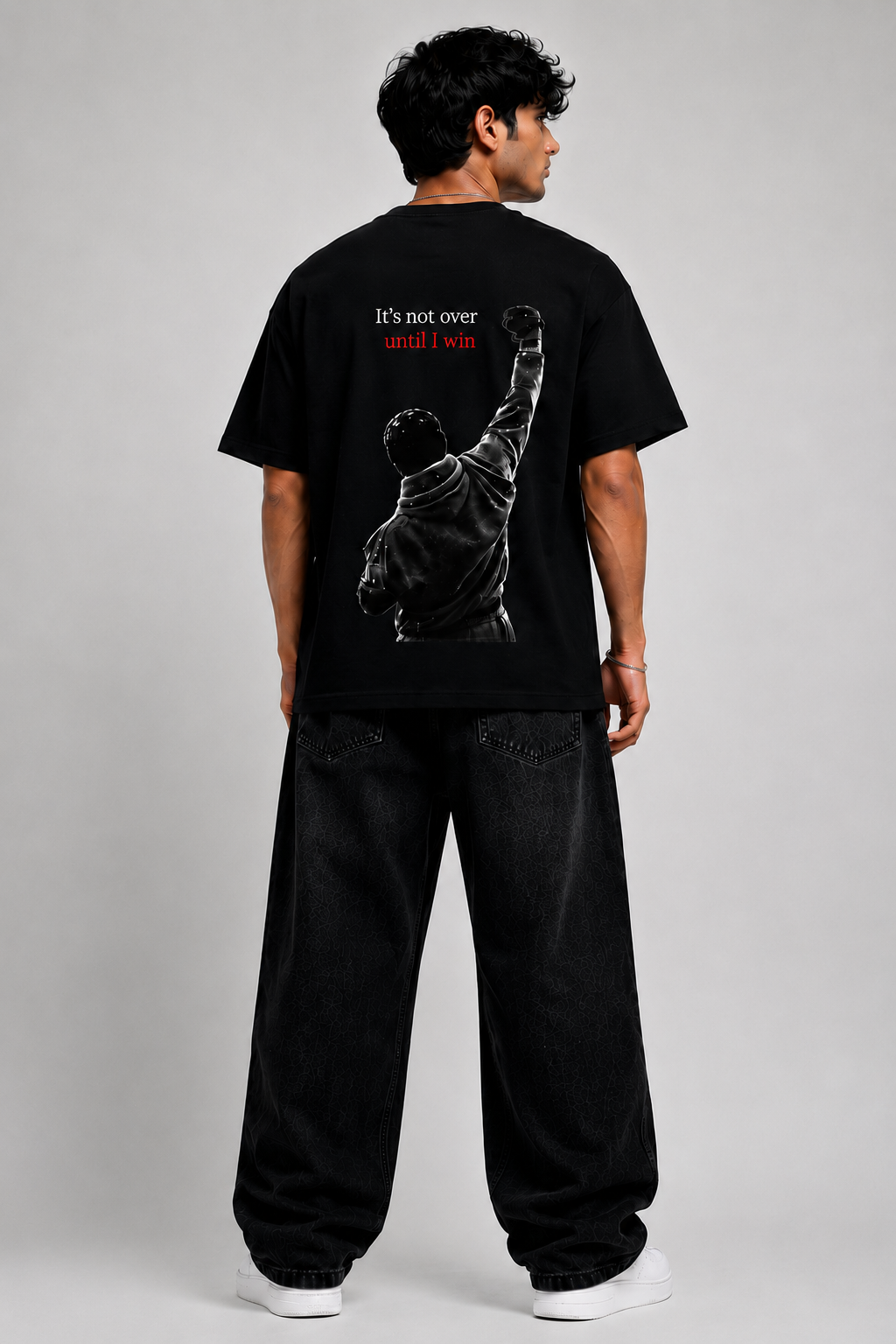 Black Round neck cotton t-shirt with ROCKY BALBOA graphic print