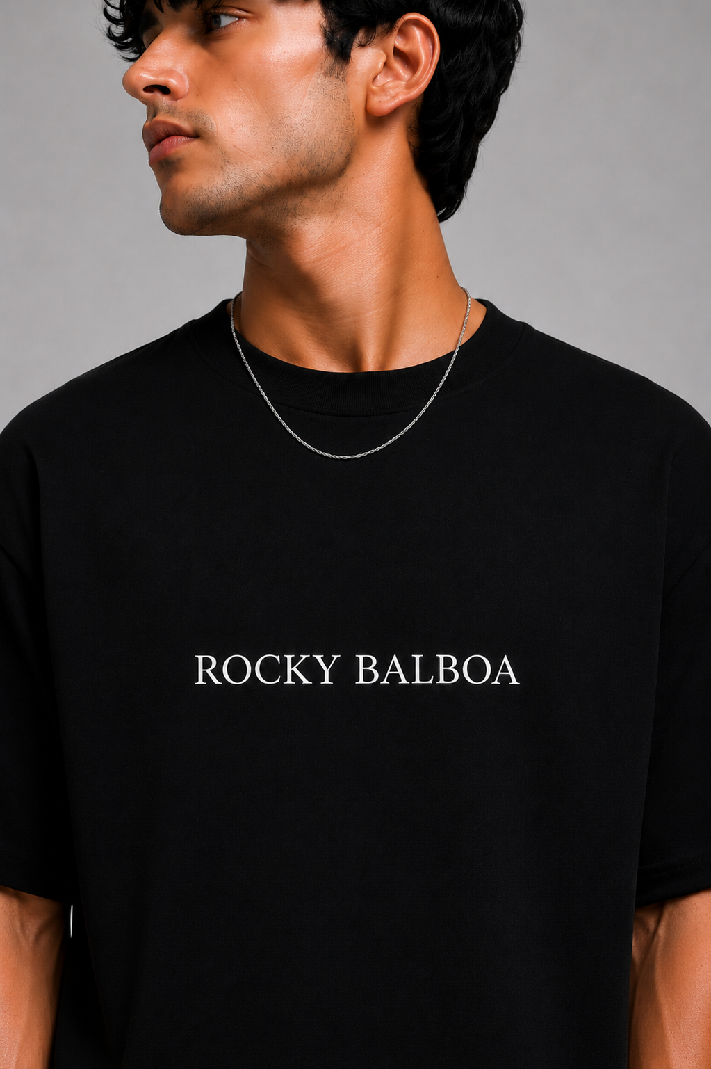 Black Round neck cotton t-shirt with ROCKY BALBOA graphic print
