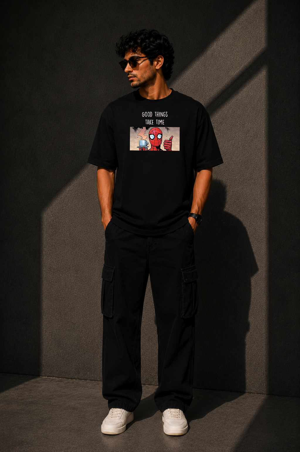 Spider-Man Good Things Take Time Oversized Black T-Shirt