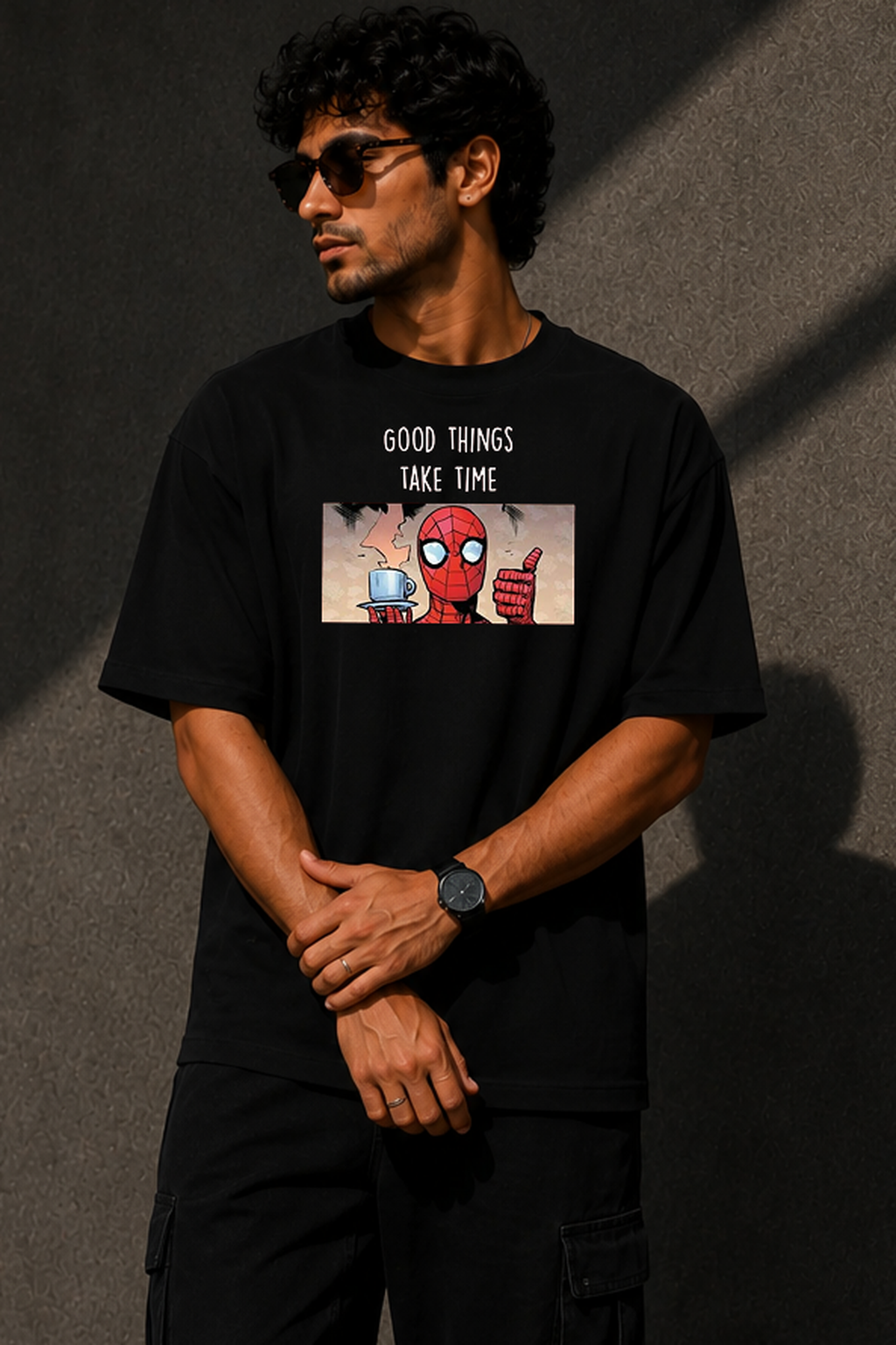 Spider-Man Good Things Take Time Oversized Black T-Shirt